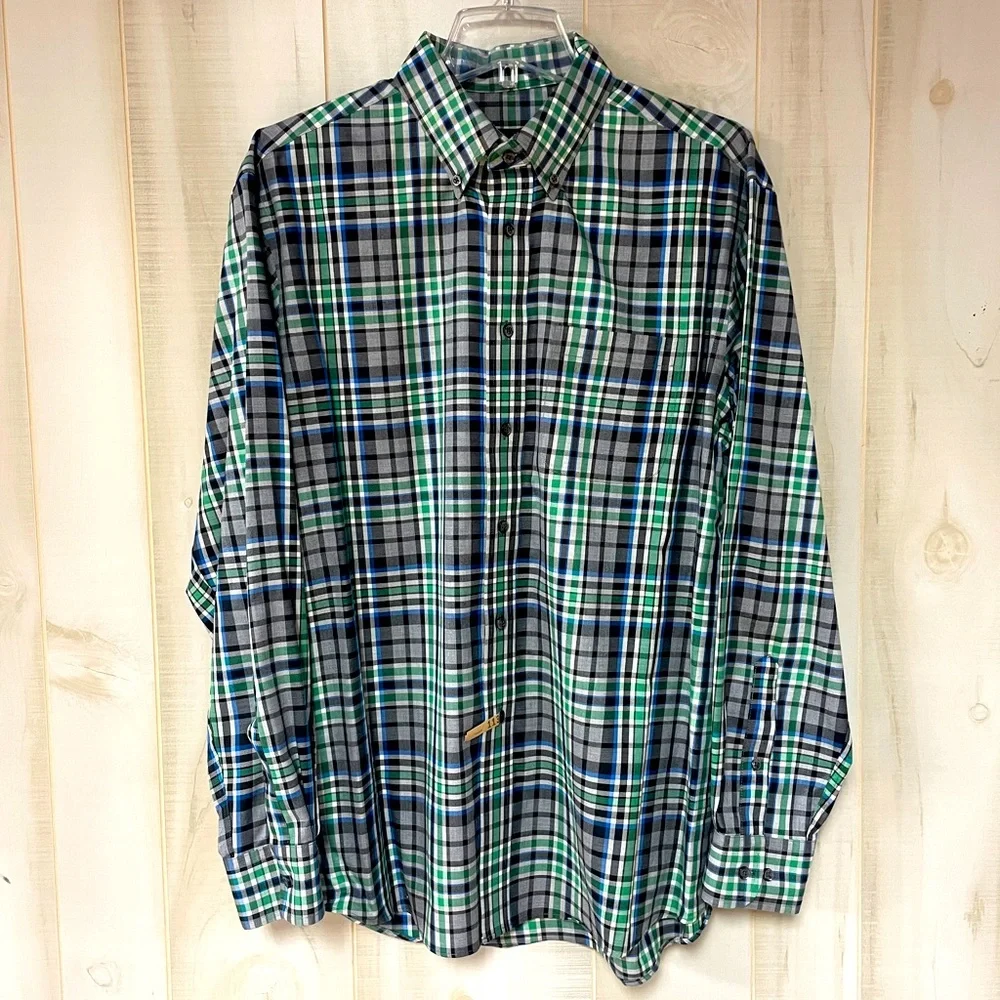 Jos A Bank Green Blue Gray Plaid Cotton Button Down Shirt Sz L - Picture 1 of 4